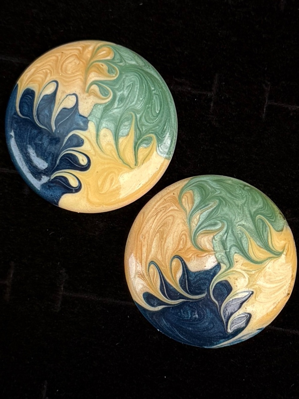 Vintage Marbled Blue Green Tan Round Pierced Statement Earrings